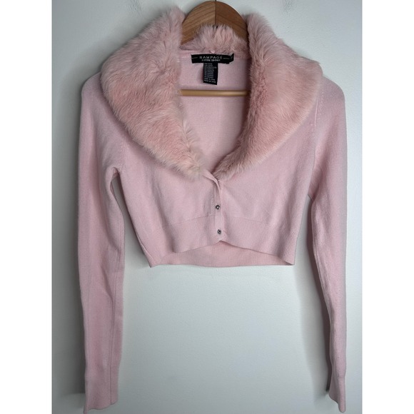 Rampage Sweaters - VTG Y2K Rampage Light Pink Faux Fur Collar Cropped Cardigan Small Paris Hilton